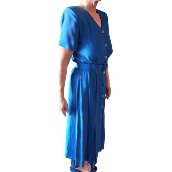 Vntg 80s Studio I Belted Blue Maxi Dress Sz 8 Modest Church Retro Shoulder Pads - Picture 8 of 9